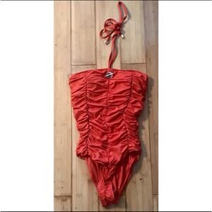 Derek Lam 10 Crosby Ruched Swimsuit Size S Red Gold Hardware One Piece